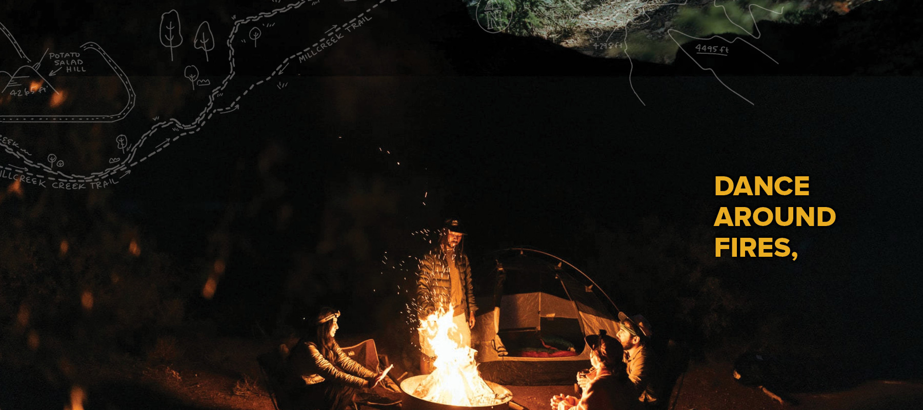 People wearing Teva sandals and shoes while camping, sitting around a fire